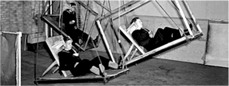 Recruits becoming accustomed to the pitching and rolling of a ship on the sea.  